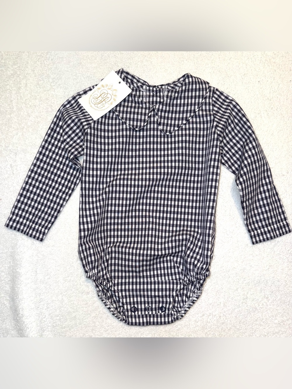 TBBC Peter Pan Collar Onesie (Long Sleeve Woven), Navy Grove Gingham, 12-18m NWT